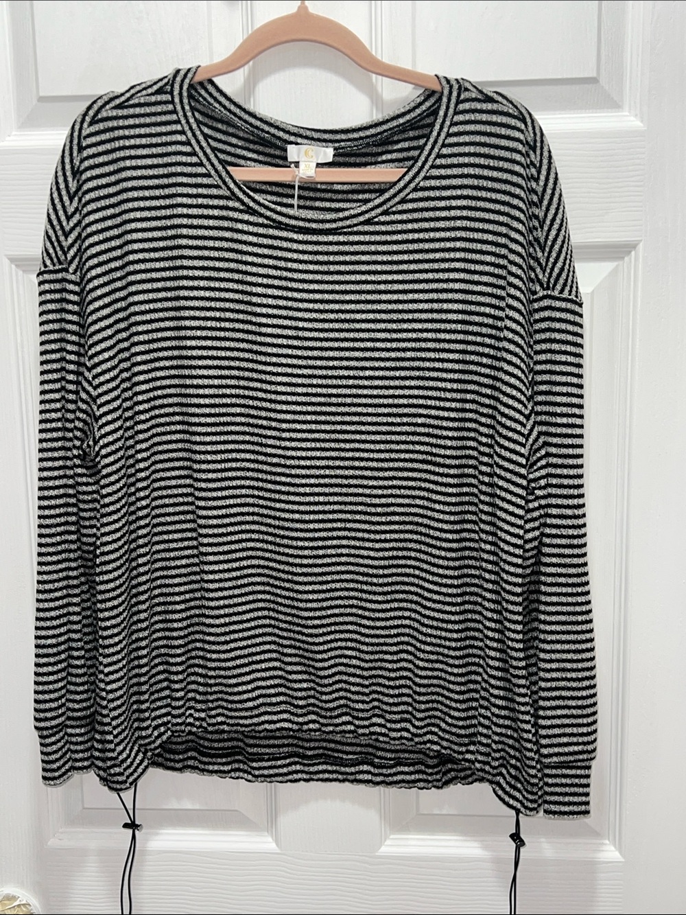 Charming Charlie Black & White Striped Drawcord Hem Top